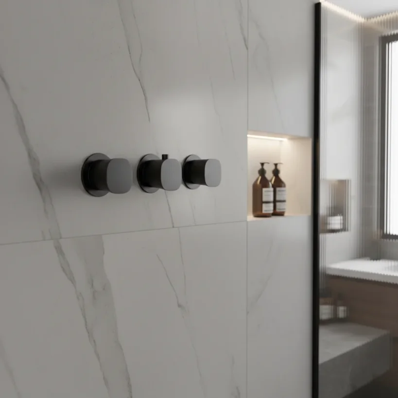 Ava Purity 3 Way 3 Handle Thermostatic Valve W/ Flanges 3.0 - Brushed Black product image - Image 1