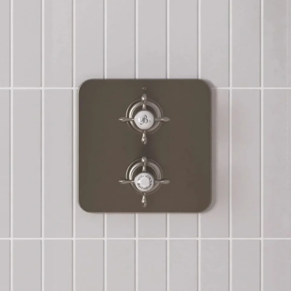 Burlington Guild Square Thermostatic Two Outlet Concealed Divertor Shower Valve Fixed Shower Arm & Head, Rail, Hose, Handset And Outlet Elbow Brushed Nickel detail view - Image 2