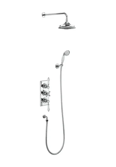 Burlington Trent Thermostatic Dual Outlet Concealed Shower Valve , Fixed Shower Arm, Handset & Holder with Hose with Rose   with White accent and 6" Rose product image - Image 1