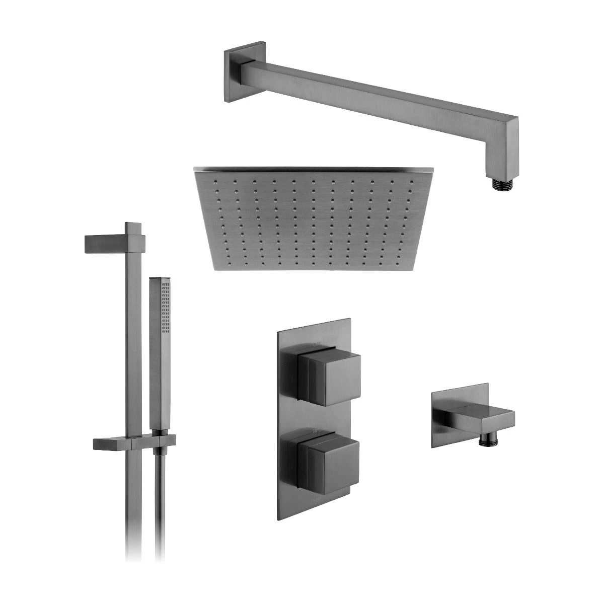 2 outlet concealed thermostatic showering package with single function slide rail kit, finished in brushed gunmetal.