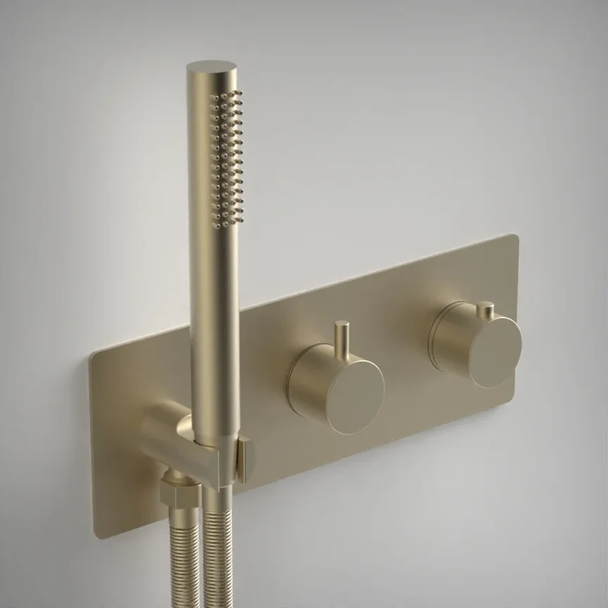 Ava Trend 2 Way 2 Handle Thermostatic Valve With Built In Hand Shower W/3 Hole Backplate 3.0 - Brushed Brass product image - Image 1