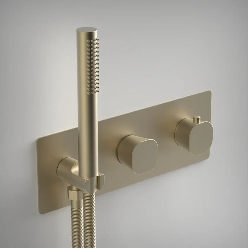 Ava Purity 2 Way 2 Handle Thermostatic Valve With Built In Hand Shower W/3 Hole Backplate 3.0 - Brushed Brass product image - Image 1