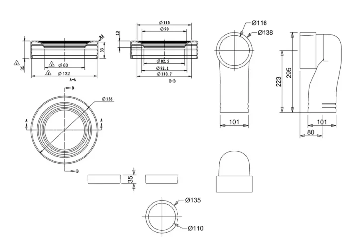 Burlington Ceramic Trap For Converting P Trap Pan To S Trap Floor Outlet technical drawing - Image 2