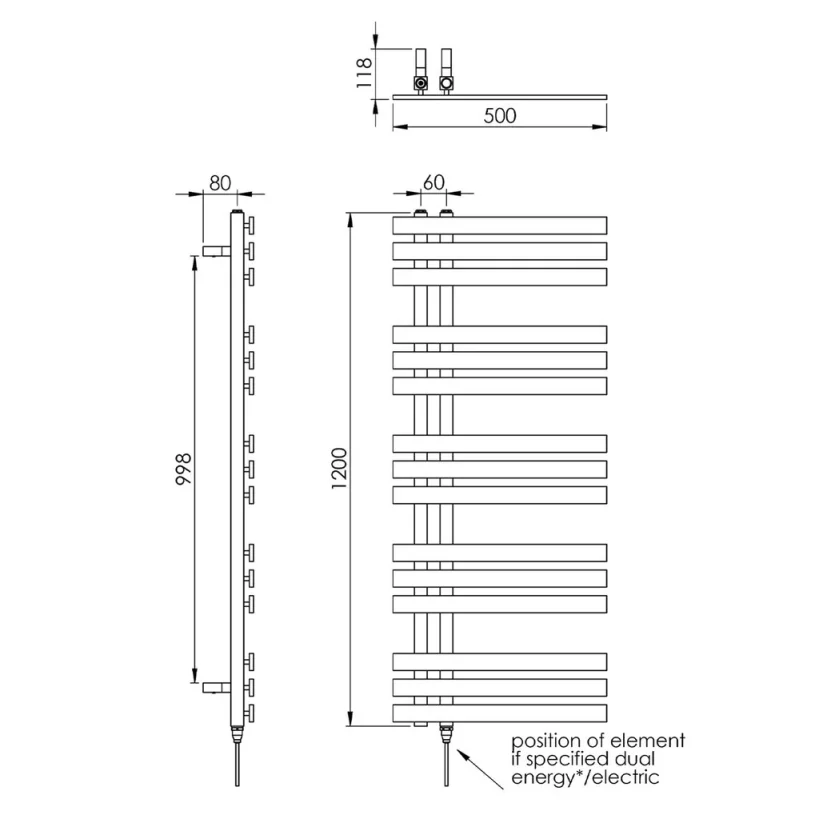 Vogue Aquila  Towel Radiator Heating Only - Chrome 1200X500 detail view - Image 2