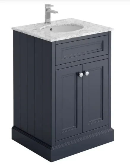 Cubico Cromwell 600mm Square Vanity Unit In Matt Midnight Grey Inc Marble Worktop And Ceramic Basin Inc. Bo product image - Image 1