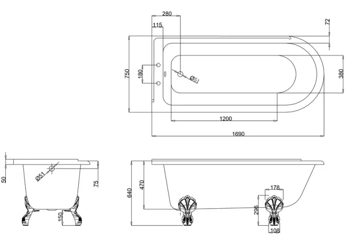 Burlington Hampton Shower Bath Left Hand 1700 X 750mm technical drawing - Image 2
