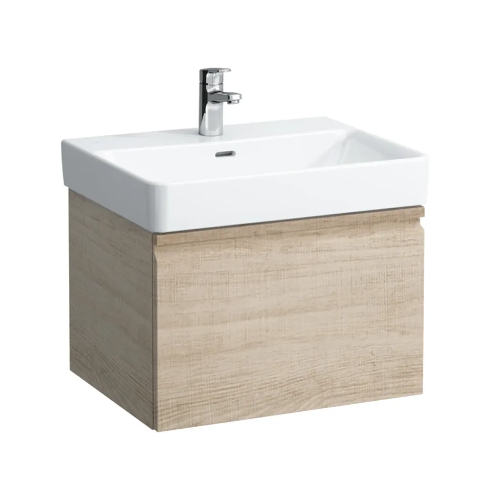 Laufen Vanity Unit. 570 (w) X 450 (d) X 390 (h)mm. With Drawer And Interior Drawer. For 600 Washbasin 8.1096.3. Space Saving Siphon Required, See Below.. Bright Oak product image - Image 1