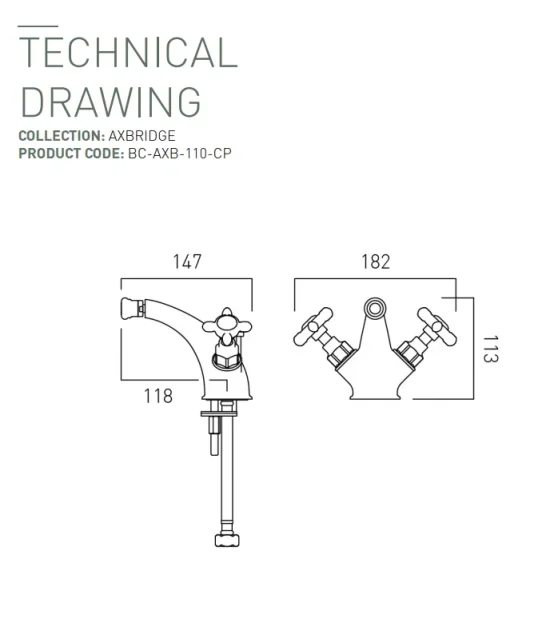 Booth & Co. Mono Bidet Mixer With Pop-up Waste Chrome & White technical drawing - Image 2