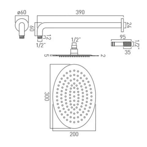 Vado Aquablade Single Function Easy Clean Slim Line Oval Shower Head, 300mm X 200mm (12 X 8") Chrome technical drawing - Image 3