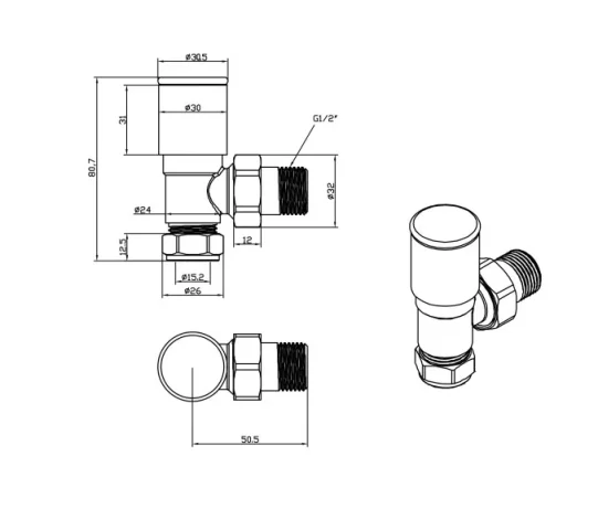 Just Taps Angled Radiator Valve Brushed Brass technical drawing - Image 2