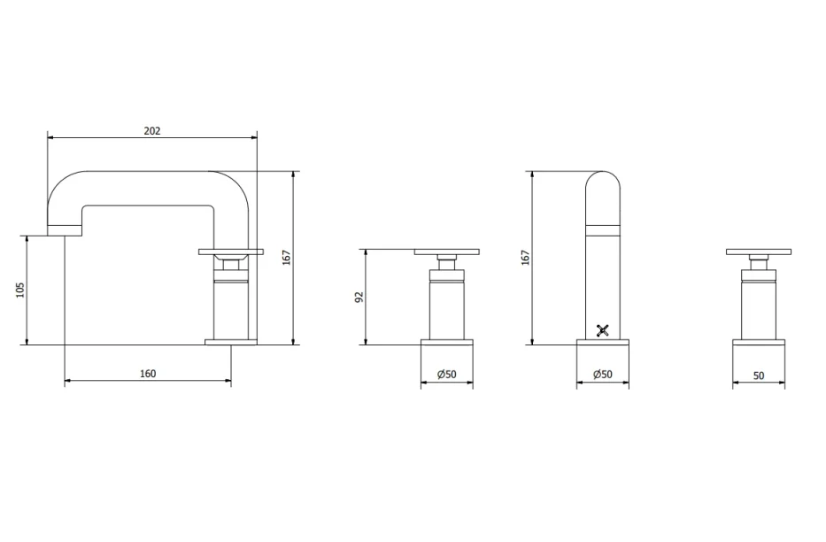 Crosswater Union 3 Hole Deck Mounted Basin Tap Set with Wheel Handle Brushed Black Chrome technical drawing - Image 2