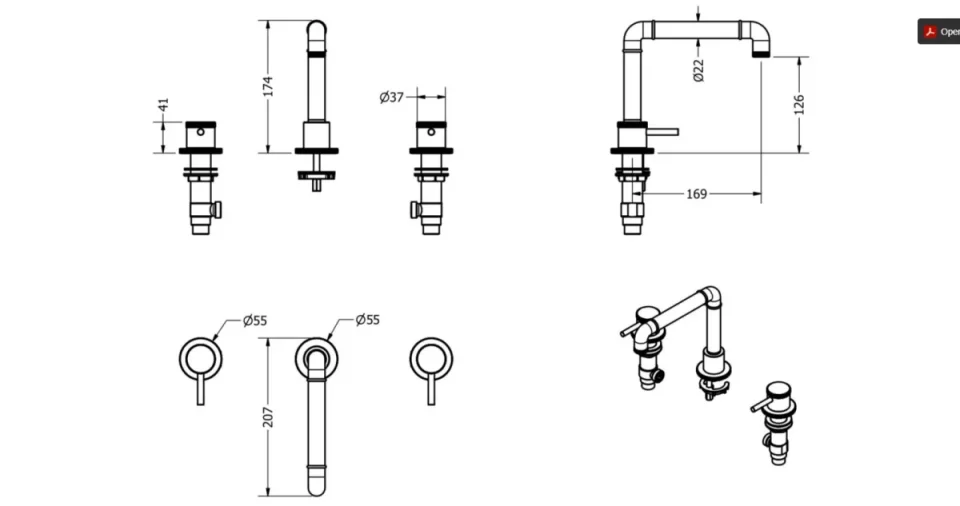 Crosswater MPRO Industrial 3 Hole Deck Mounted Basin Tap Set Brushed Brass Unlaqered technical drawing - Image 2