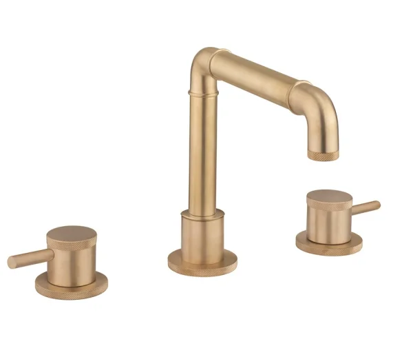 Crosswater MPRO Industrial 3 Hole Deck Mounted Basin Tap Set Brushed Brass Unlaqered