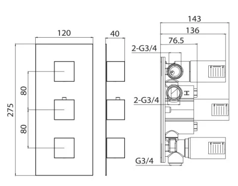 Saneux Tooga 3 Way Thermostatic Shower Valve Kit - Chrome technical drawing - Image 2
