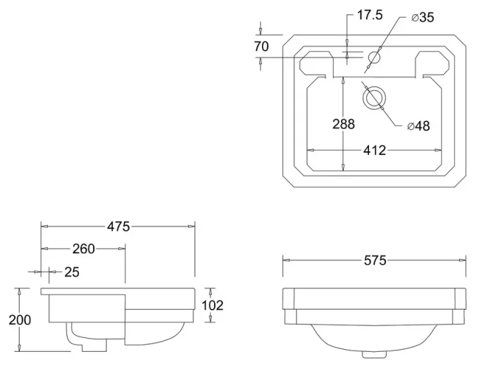Burlington Semi Recessed Basin 58cm 1th technical drawing - Image 2