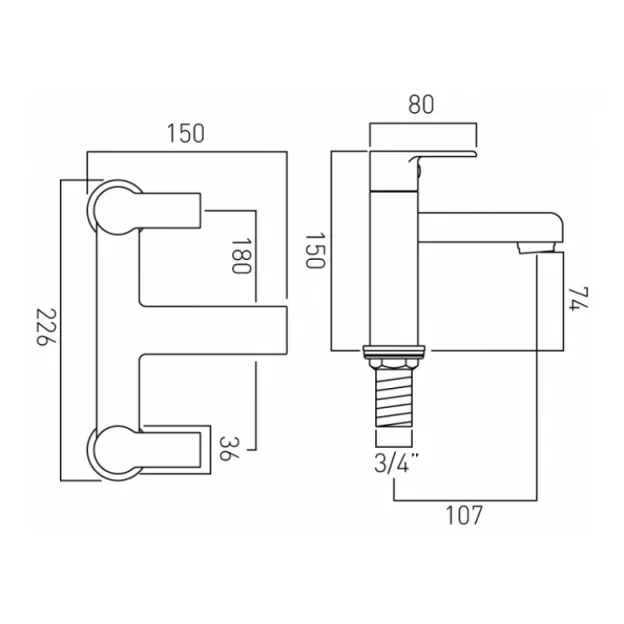 Vado Photon 2 Hole Bath Filler Deck Mounted Chrome technical drawing - Image 3