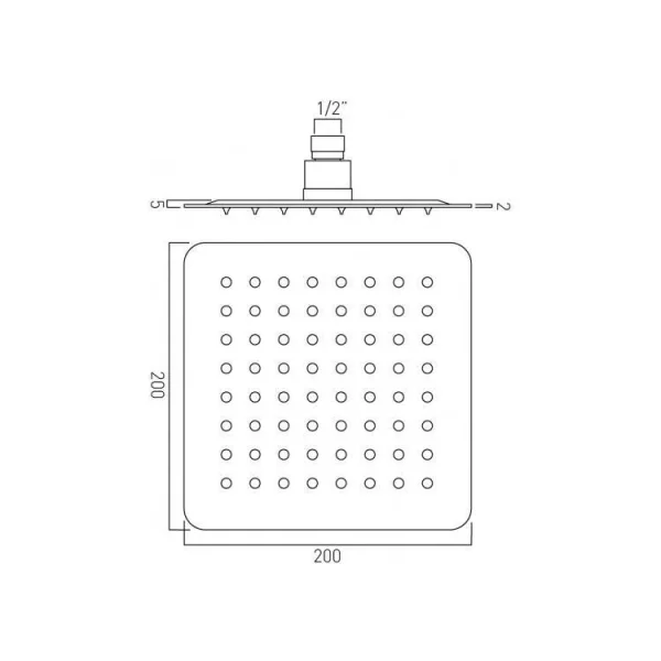 Vado Aquablade Single Function Easy Clean Slim Line Square Shower Head, 200mm (8") Chrome technical drawing - Image 3