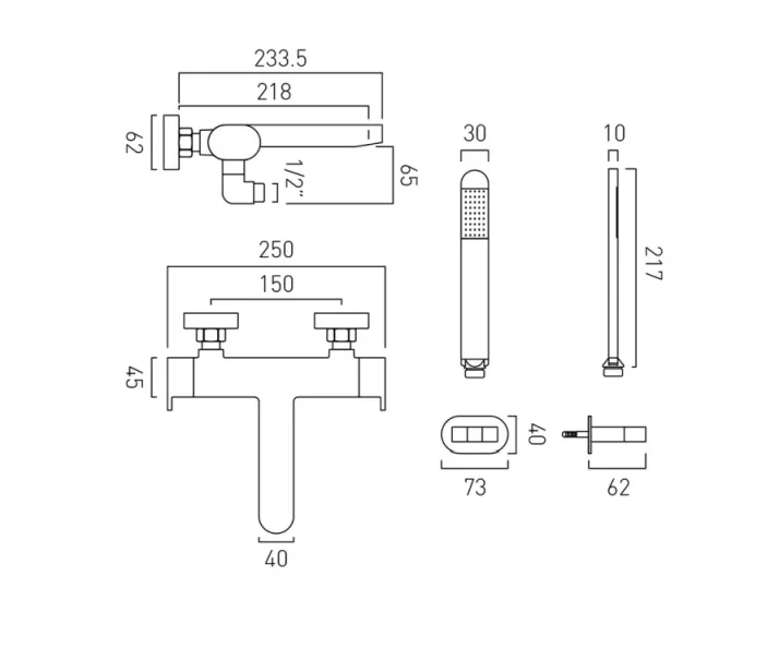 Vado Life Thermostatic Bath Wall Mounted Bath Shower Mixer With Shower Kit Chrome technical drawing - Image 2