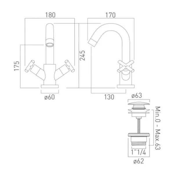 Vado Elements Mono Basin Mixer Deck Mounted Smooth Bodied With Universal Waste And Honeycomb Flow Regulator Chrome technical drawing - Image 3