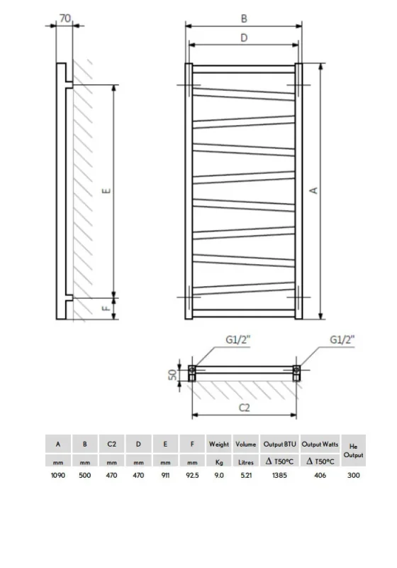 Crosswater Wedge Towel Warmer 1096x500 Metallic Black technical drawing - Image 3