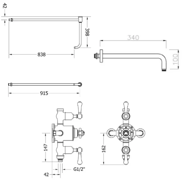 Crosswater Belgravia Thermo Shower Valve With 8" Fixed Head Chrome technical drawing - Image 3