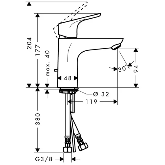 Hansgrohe Focus Basin Mixer 100 Chrome Chrome technical drawing - Image 3