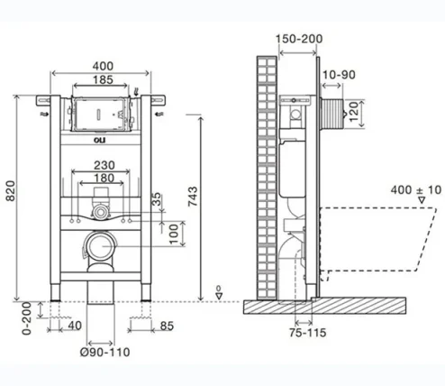 Oli Expert Plus Sanitarblock 820 Pneumatic Concealed Cistern & Frame RT technical drawing - Image 2