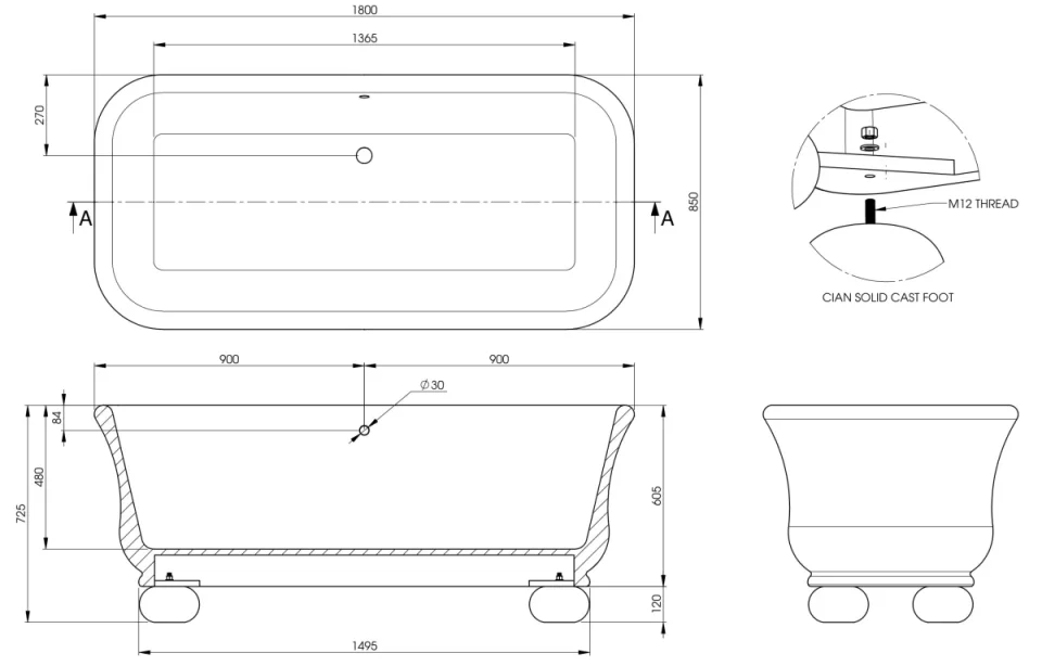 Bc Designs White Bun Feet For Senator Bath Gloss White detail view - Image 4