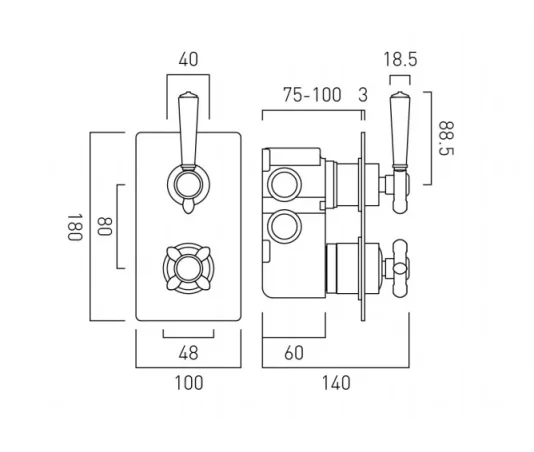 Booth & Co. 2 Outlet, 2 Handle Concealed Thermostatic Valve Chrome & White technical drawing - Image 2