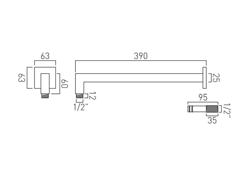 Vado Individual Easy Fit Square Shower Arm Brushed Nickel technical drawing - Image 2