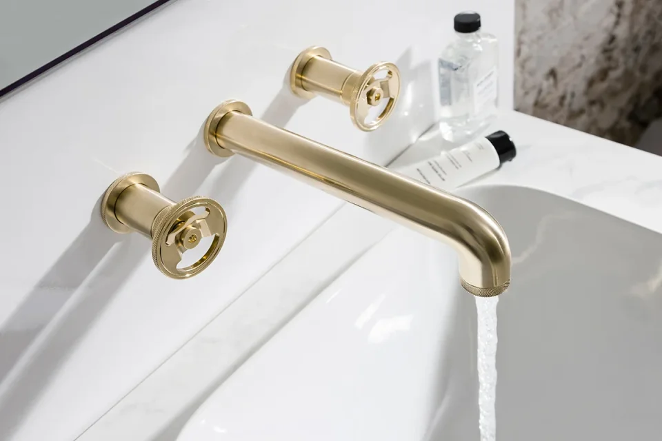 Crosswater Union Basin 3 Hole Set Wall Mounted Brushed Brass detail view - Image 2