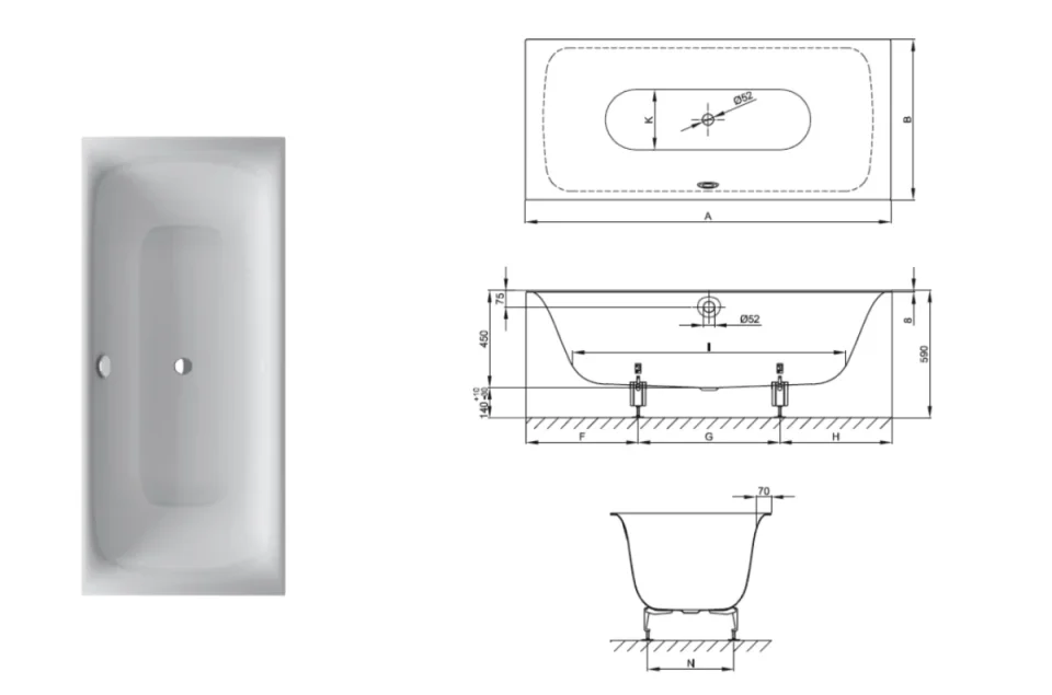 Bette Lux 1800 800mm White technical drawing - Image 3