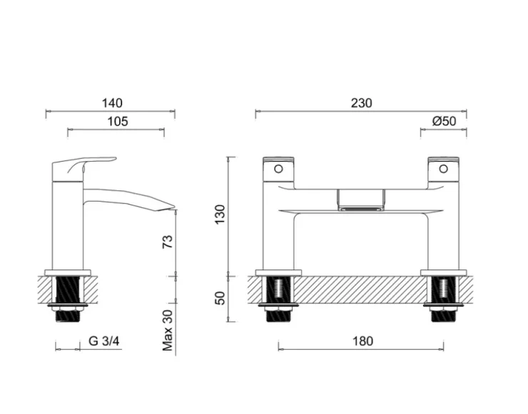Crosswater Flow Bath Filler Dual Lever Deck Mounted Chrome technical drawing - Image 2