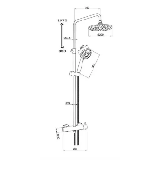 Just Taps Vos Thermostatic Bar Valve With 2 Outlets Adjustable Riser Brushed Brass technical drawing - Image 2