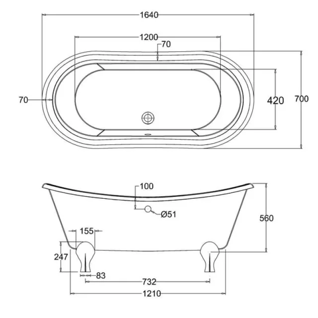 Burlington Clearwater 1640 X 700mm Bateau Bath technical drawing - Image 2