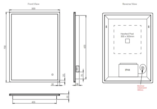 Hib Vega 50 Mirror With Chargng Socket H70 X W50 X D5.5cm technical drawing - Image 2