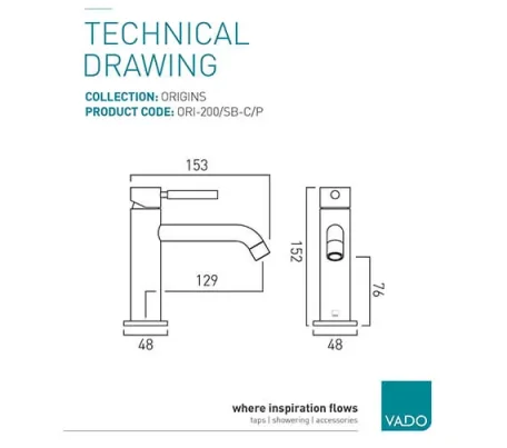 Vado Origins Slimline Smooth Bodied Single Lever Mono Basin Lever Mixer Chrome technical drawing - Image 2