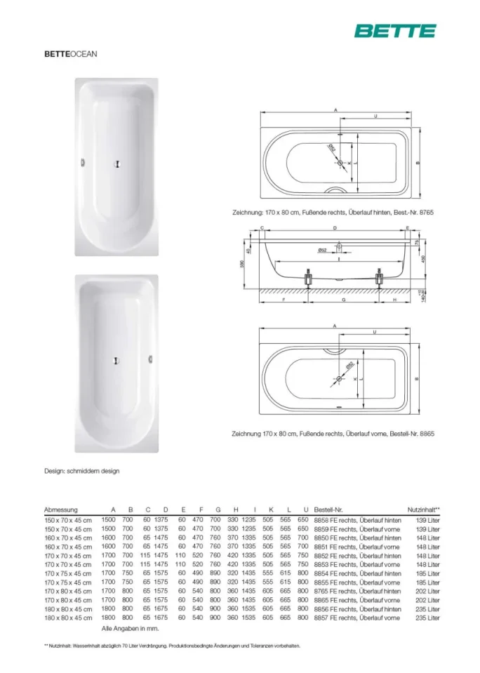 Bette Ocean 1600 700mm Foot End Rightoverflow Rear White technical drawing - Image 2