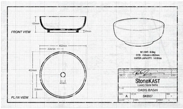 StoneKAST Oasis Sit On Basin Matt White 450x450mm technical drawing - Image 2
