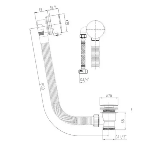 Just Taps Kono Extended Exofil With Click Clack Bath Waste Brushed Brass technical drawing - Image 2