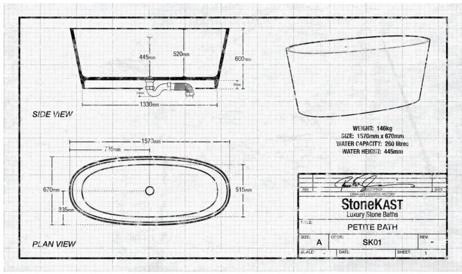 StoneKAST Petite Freestanding Bath 1570 x 670mm Matt White (Waste Included) technical drawing - Image 3