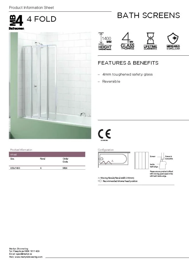 Merlyn 4 Fold Bathscreen 850 X 1400mm technical drawing - Image 3