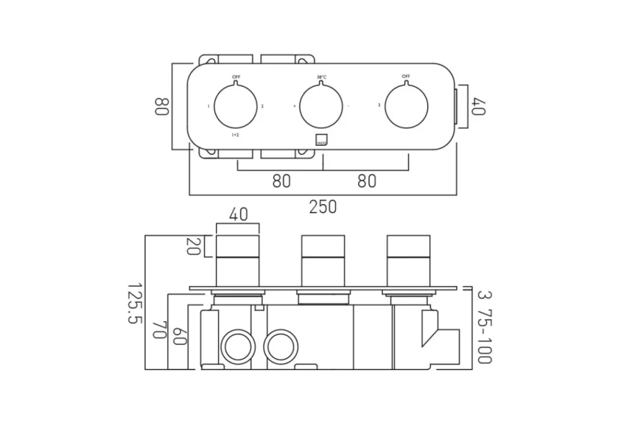 Vado Individual Tablet Altitude Horizontal Concealed 3 Outlet, 3 Handle Thermostatic Valve With All-flow Function Brushed Gold technical drawing - Image 2