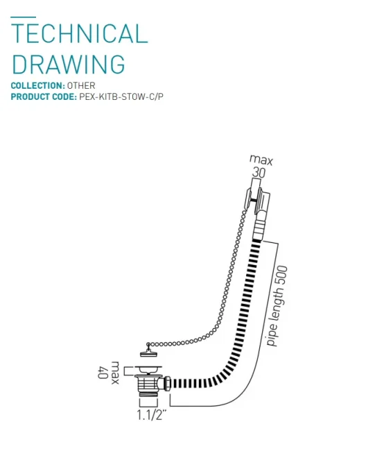Booth & Co. Stowaway Bath Waste Metal Plug And Chain 1.1/2" Chrome & technical drawing - Image 4