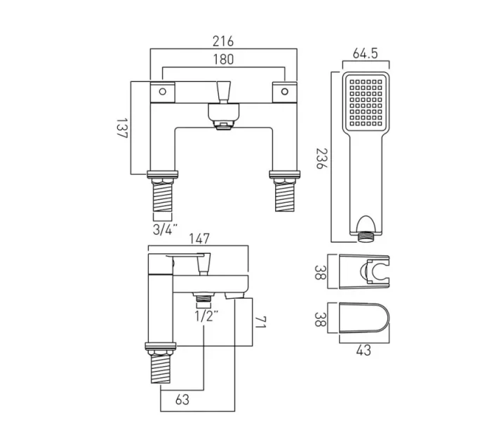 Vado Phase 2 Hole Bath Shower Mixer Single Lever Deck Mounted With Shower Kit Chrome technical drawing - Image 2