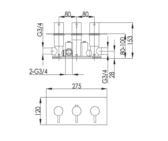 Just Taps Vos Thermostatic Concealed 3 Outlet Shower Valve Brushed Brass technical drawing - Image 2
