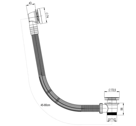 Just Taps Kono Extended Click Clack Bath Waste Brushed Black technical drawing - Image 2