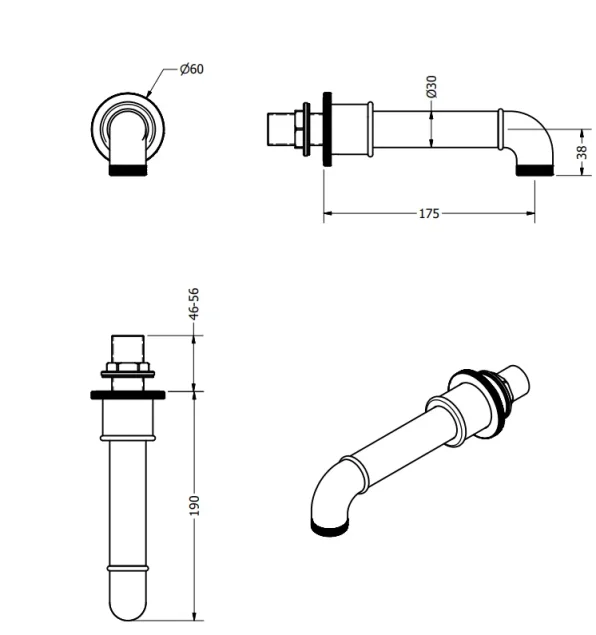 Crosswater Mpro Industrial Wall Stop Taps Chrome technical drawing - Image 2