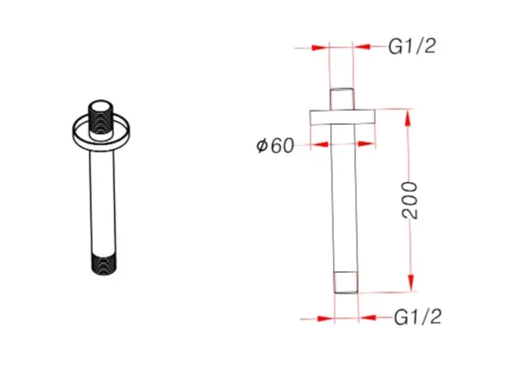 Ava Ceiling Mounted 200mm Round Ceiling Arm - Brushed Black technical drawing - Image 2
