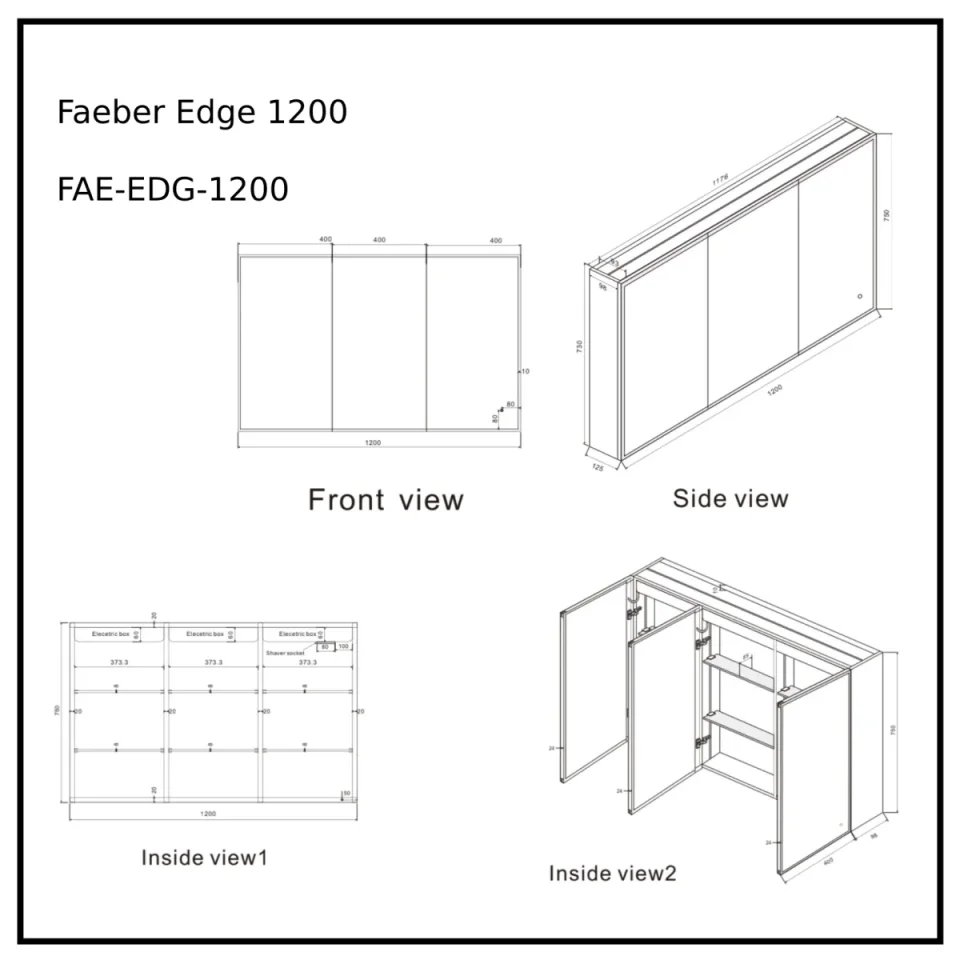 Faeber Edge 1200 Led 3 Door Illuminated Mirror Cabinet (recess Compatible) technical drawing - Image 2